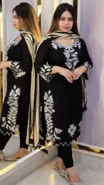 Linen Sequin Embroidery Three Piece with Cotton Orna, 38 to 44