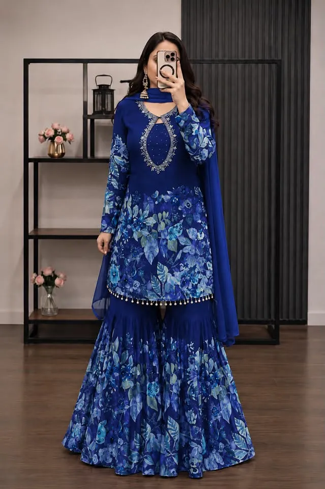 Women's Micro Georgette Three Piece with Stone Work Chiffon Orna