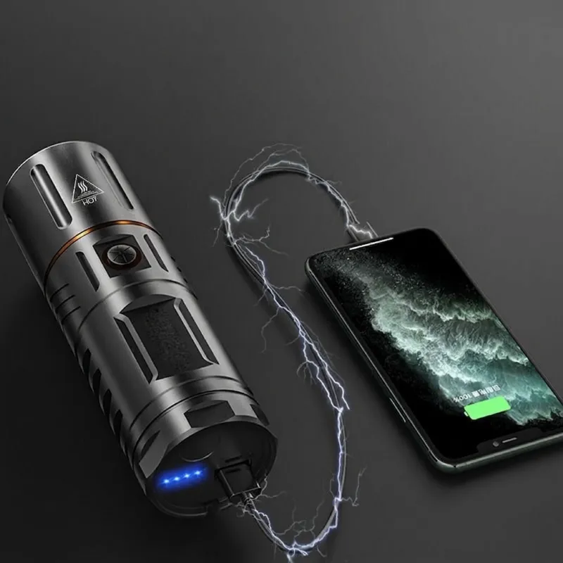 Rechargeable LED Flashlight with Telescopic Zoom & Power Bank Function