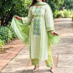Premium Aarong Cotton Readymade Three-Piece Set with Sequins & Mirror Work
