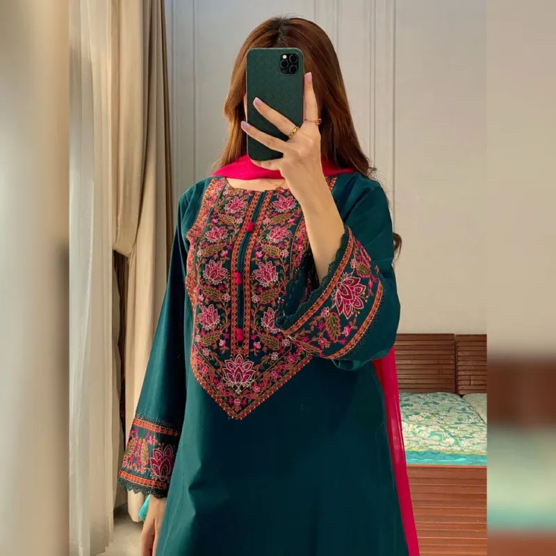 Soft Cotton Three Piece with Embroidered Salwar and Georgette Orna