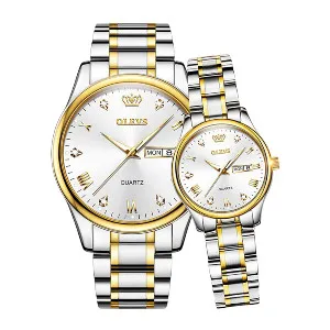 Olevs 5563 Couple Watch tow tone chain (white dial)