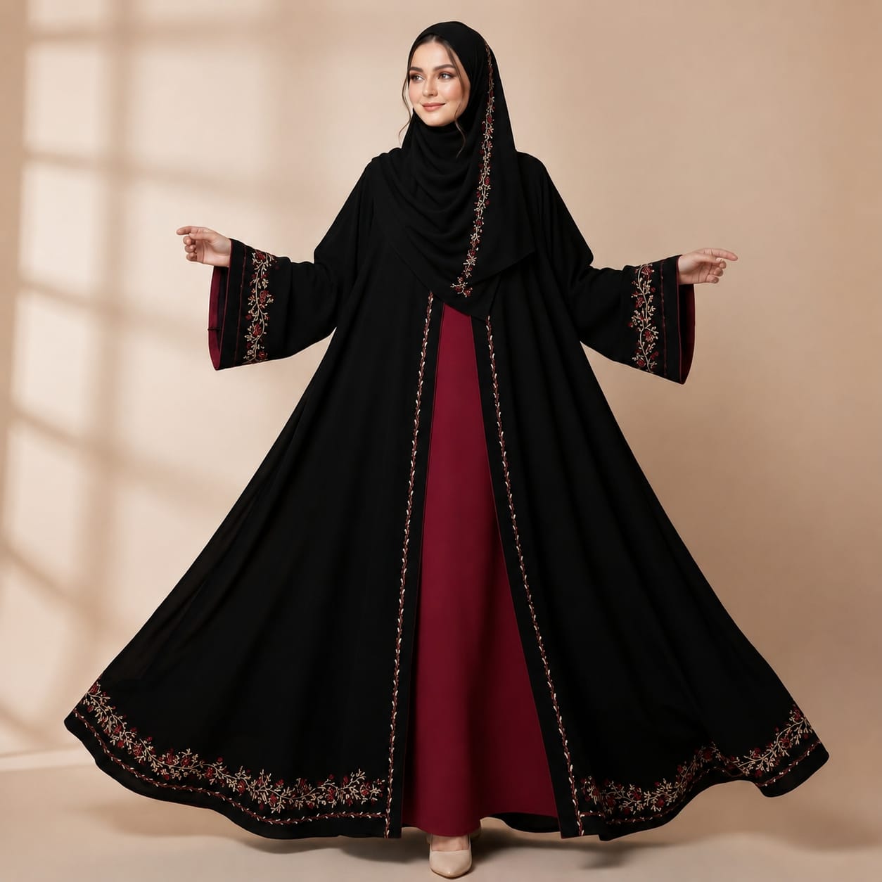 Two-Piece Embroidered Atast Koti Set with Hijab