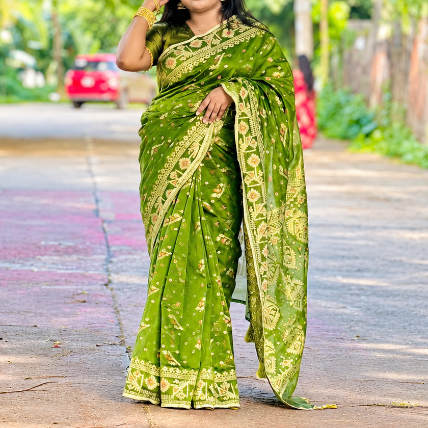 Premium Olive Green Traditional Jamdani Cotton Saree