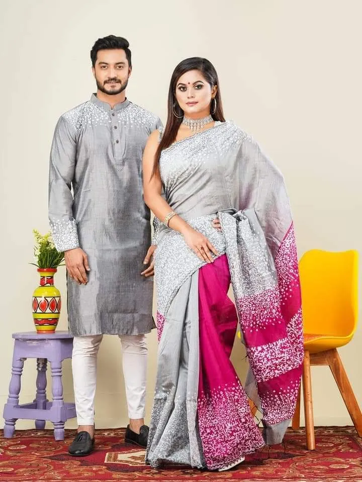 Screen Print Dhupian Silk Saree and Panjabi for Couples, 12 Haath