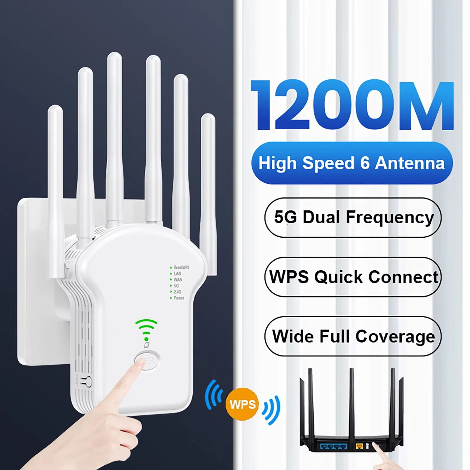1200Mbps Wireless WiFi Router Dual-Band 2.4G 5G WiFi Extender 6 Antenna Network Amplifier WPS WiFi Signal