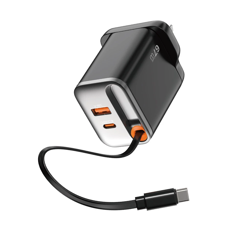 WiWU Wi-G020 67W GaN Charger with Retractable USB-C Cable Black (UK)