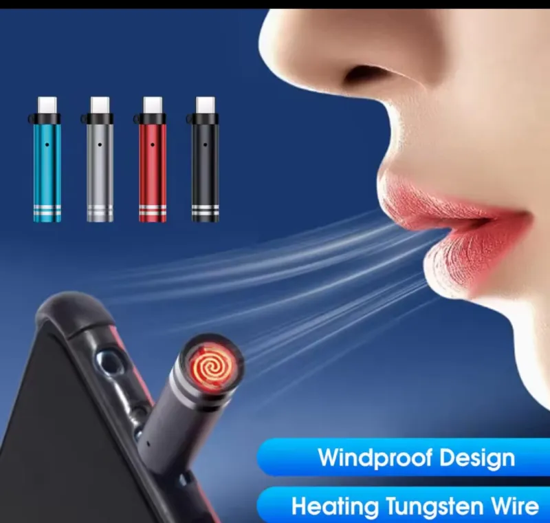 USB-C Mini Flameless Lighter – Tungsten Wire, Blow-to-Ignite, Windproof