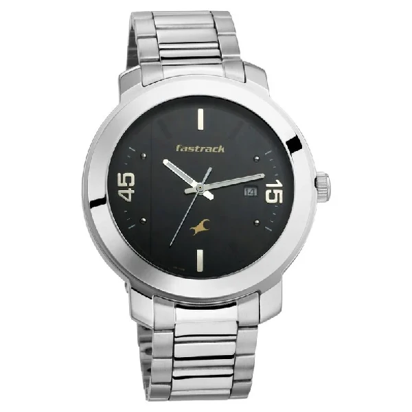 Fastrack NS3246SM02 Bare Basics Quartz Analog with Date Black Dial Stainless Steel Strap Watch