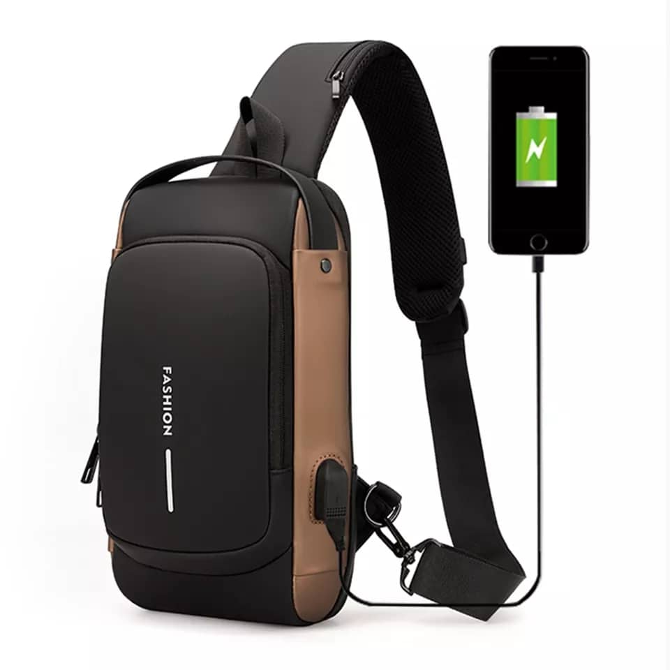 USB charging sport sling Anti-theft shoulder bag (Black)