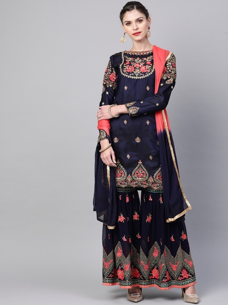 Semi-Stitched Embroidered Georgette Sharara Dress, Body Up to 58