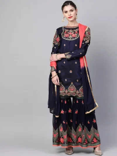 Semi-Stitched Embroidered Georgette Sharara Dress, Body Up to 58