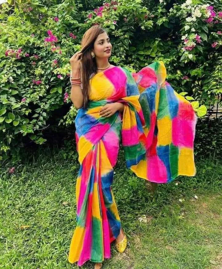 Half Silk Hand Print Saree with Tuli Brush Work