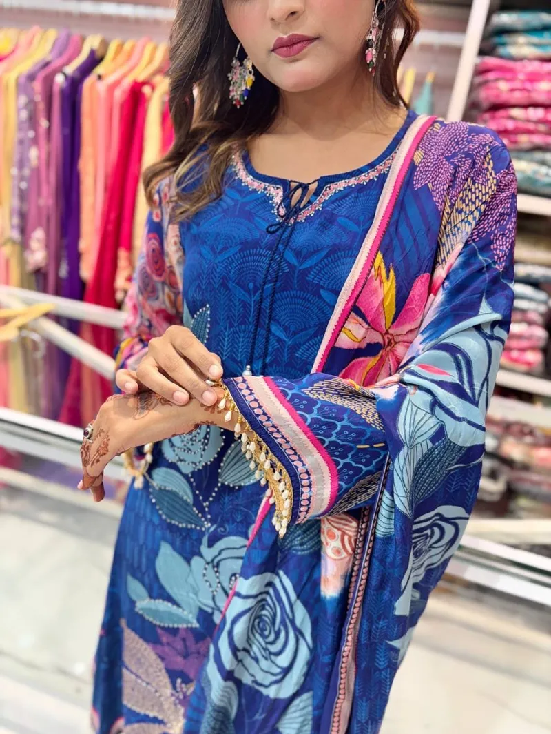 Digital Print Gown Three Piece with Karchupi and Georgette Orna