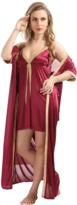 Satin 2 Part Nightie with 52 Inch Long Gown and Inner Top