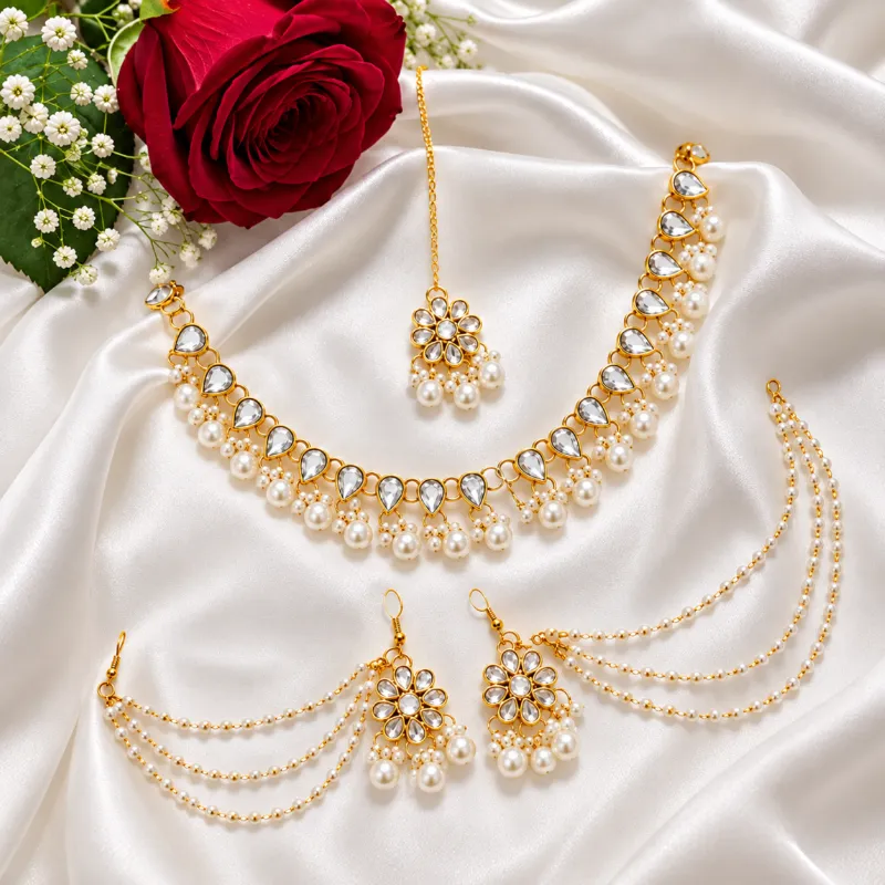 Premium Gold-Plated Kundan & Pearl Bridal Jewelry Set with Ear Chains (Kan-Tan)