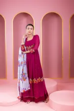 Georgette Embroidered Party Gown Set, Free Size to 48 Inch, 6 Colours