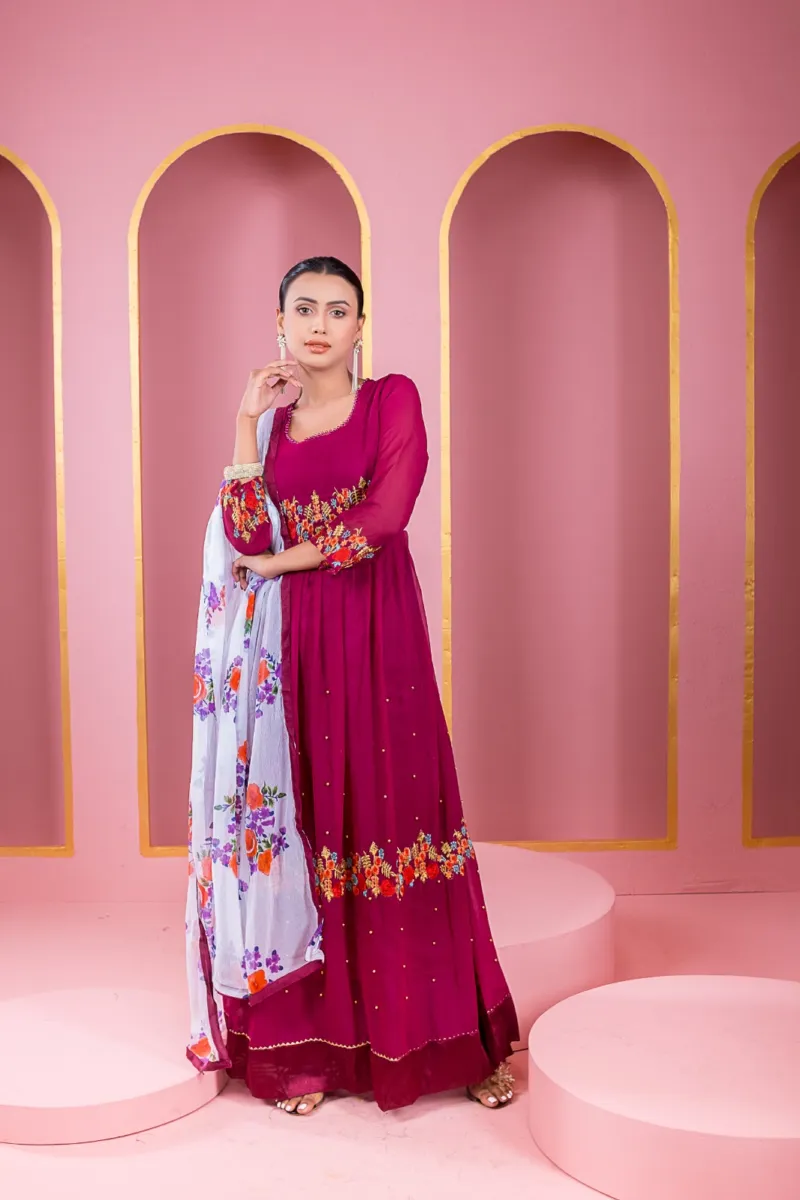 Georgette Embroidered Party Gown Set, Free Size to 48 Inch, 6 Colours