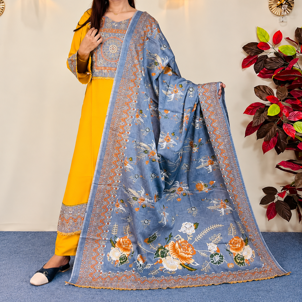 Elegant Mustard Yellow & Slate Blue Printed Cotton Three-Piece Set