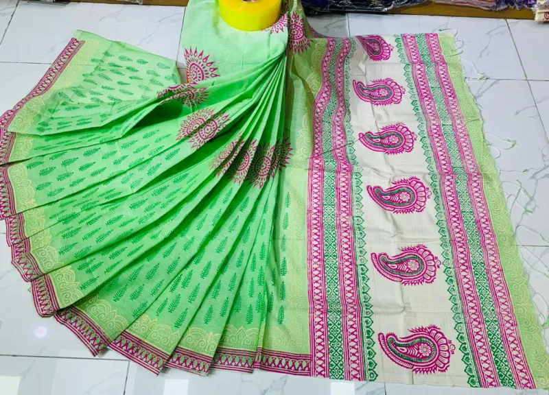 Women's Block Print Cotton Saree, 14 Haath, 6 Colours