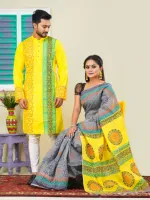 Screen Print Dhupian Silk Saree and Panjabi for Couples, 12 Haath
