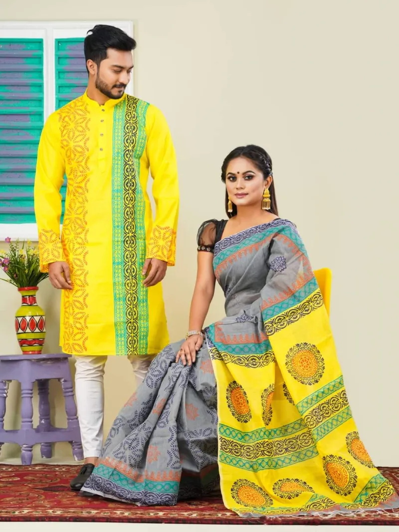 Screen Print Dhupian Silk Saree and Panjabi for Couples, 12 Haath
