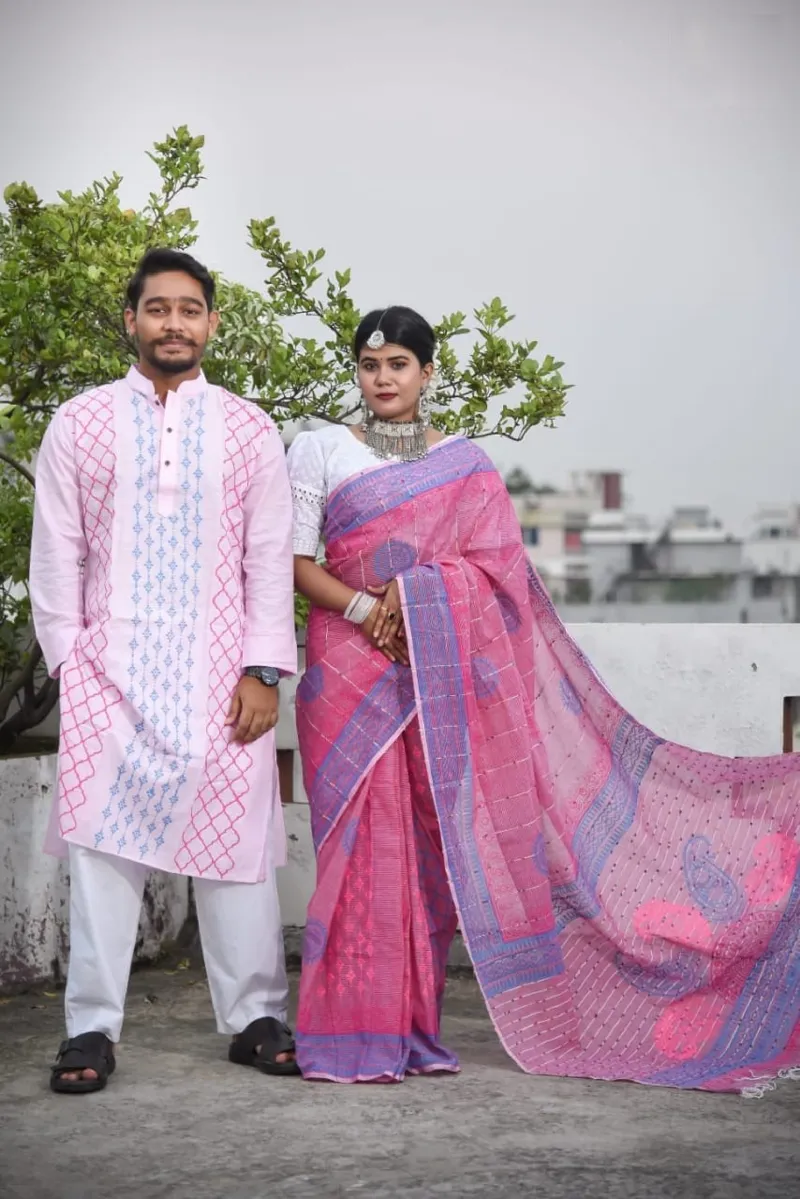 Couple Set, Pure Cotton Saree and Slub Cotton Panjabi, Block Print