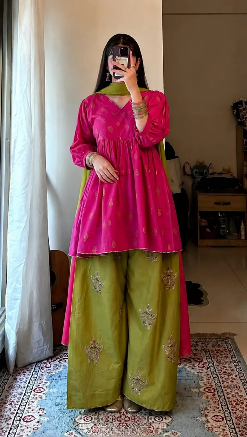 Golden Afsan Print Cotton Three Piece, Kuchi Design, 2 Colours