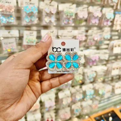 Sky Blue Cat-Eye Stone Four-Leaf Clover Stud Earrings