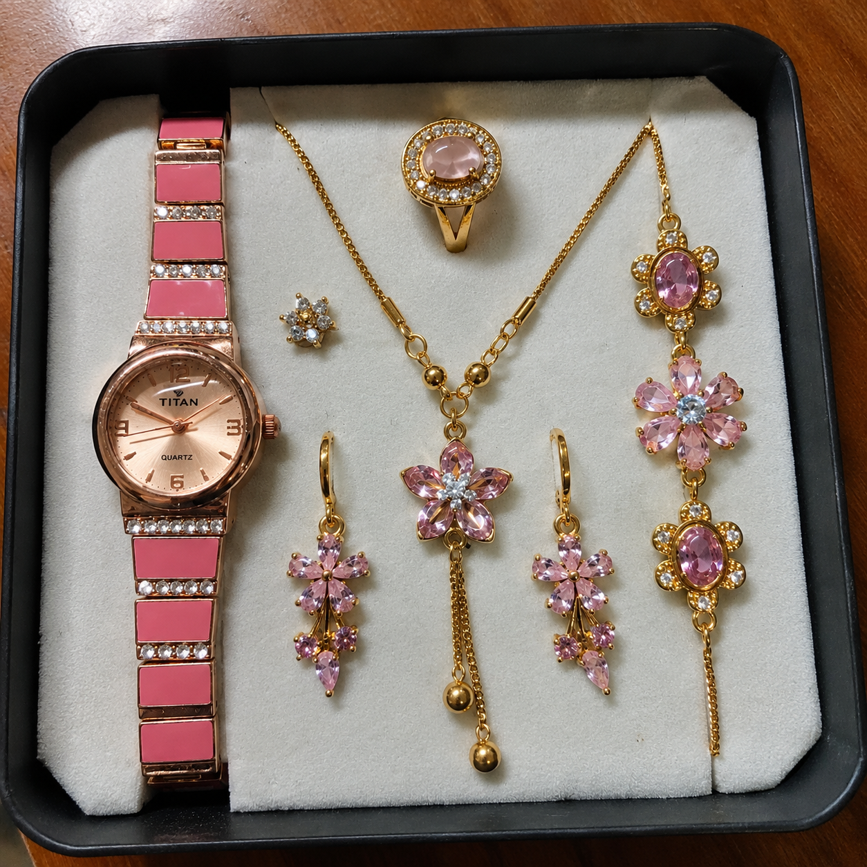 Premium Rose Gold & Pink Crystal Jewelry Combo Gift Set - 6 Pcs