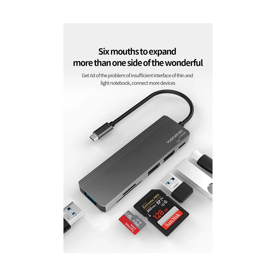 Yuanxin X-80506 Type-C to Tri USB, Type-C, SD & TF Converter Silver