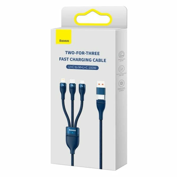 Baseus Two-for-three Fast Charging Cable (U+C to M+L+C) 100w- Blue