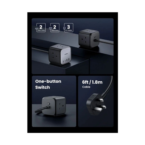 Ugreen CD268 Dual USB-C & Tri AC Outlet Metallic Desktop Charging Station (3 Pin, UK)