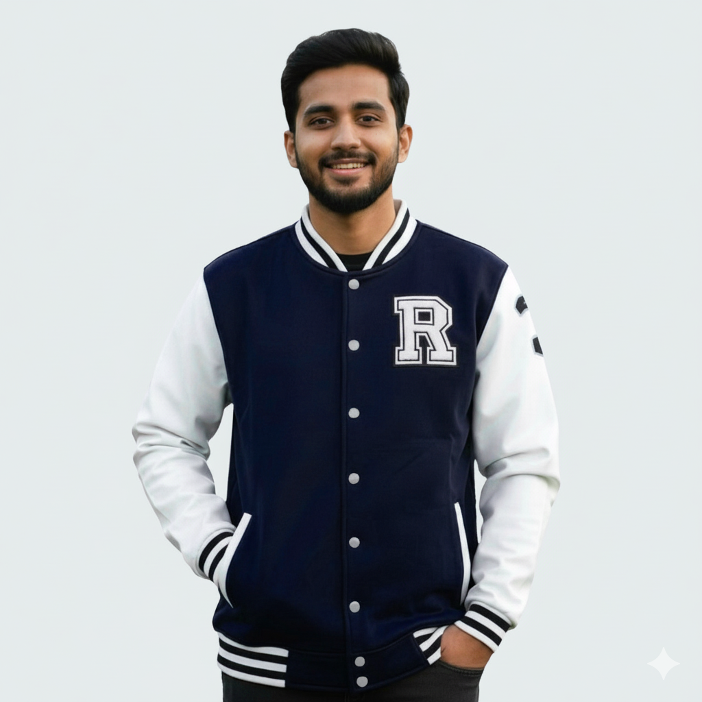 Men's Premium China Varsity Jacket ( White + Navy)