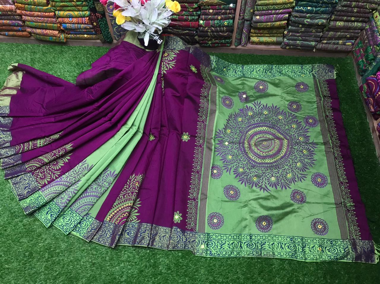 Embroidered Dhupian Silk Saree with Block Print, 6 Colours