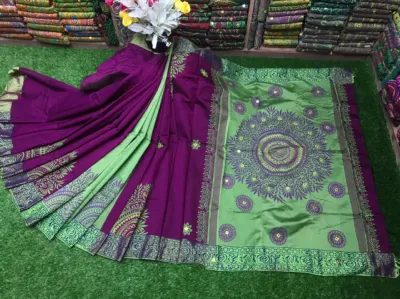 Women's Dhupian Silk Saree with Block Print and Embroidery Work