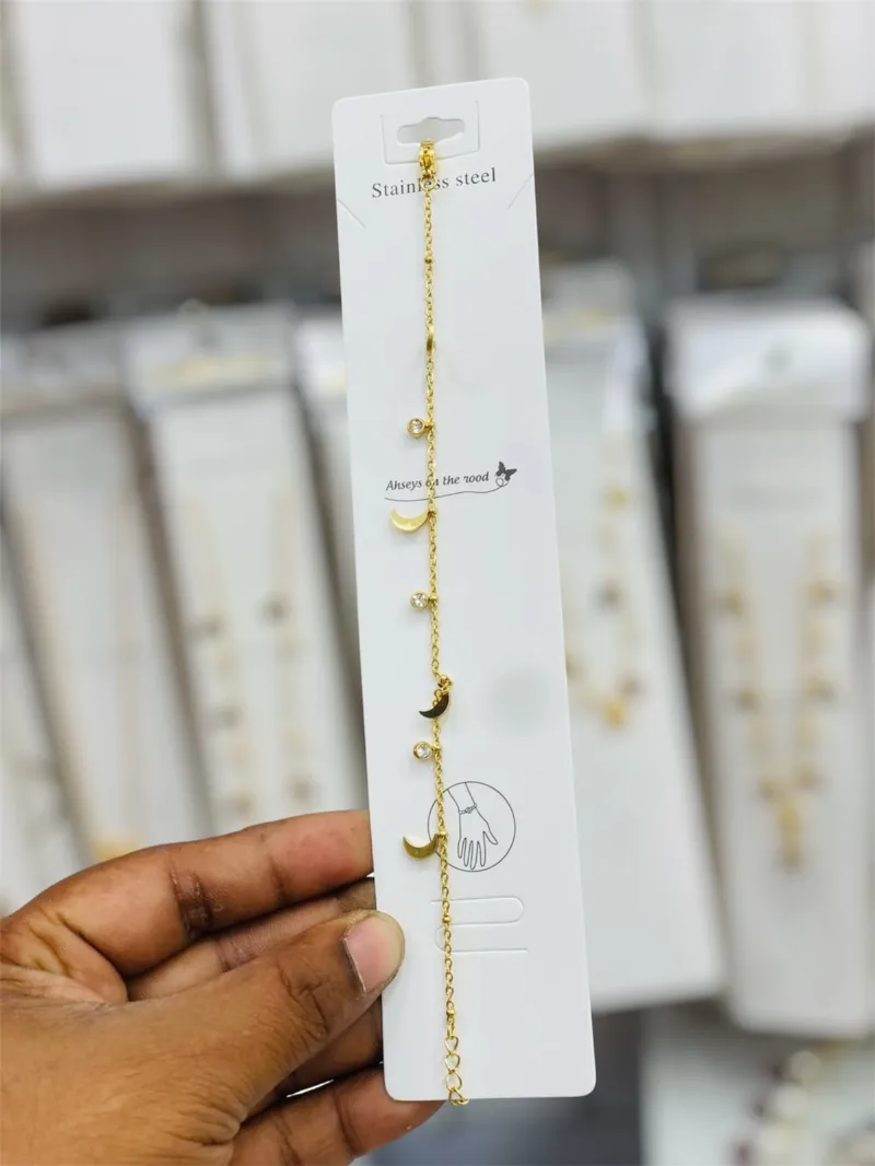 Anti-Tarnish Golden Crescent Moon & Crystal Charm Bracelet