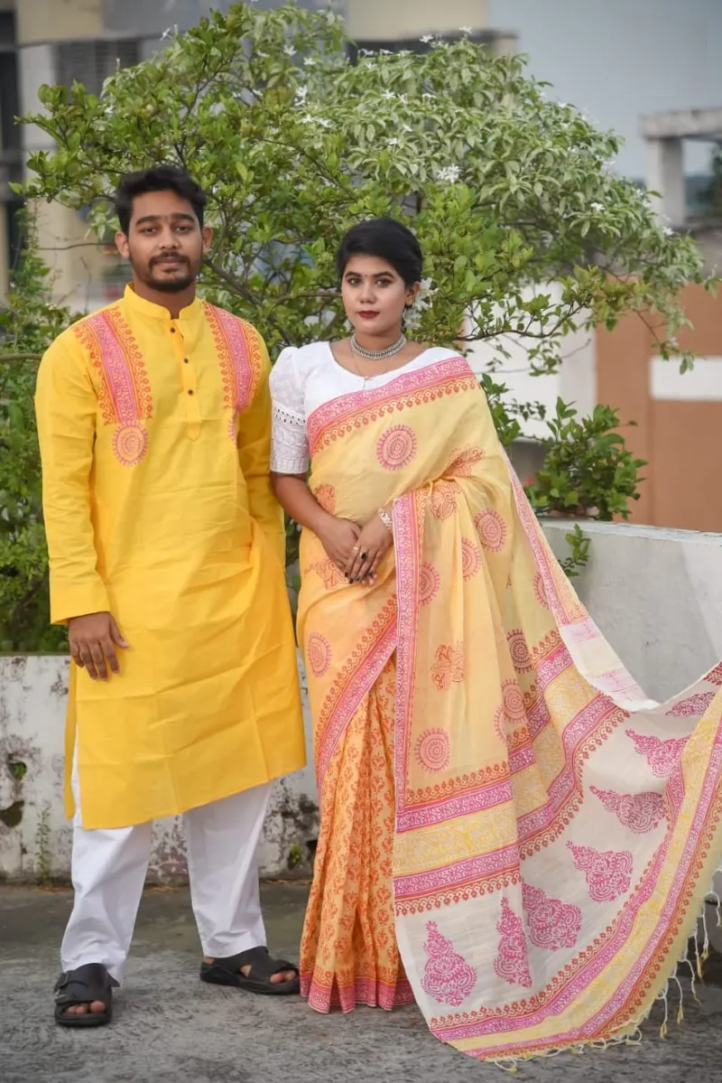Couple Set, Pure Cotton Saree and Slub Cotton Panjabi, Block Print