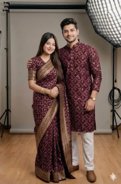 Couple Silk Saree and Dhupian Silk Panjabi Set, Sizes 38 to 46