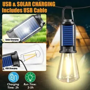 Solar rechargeable camping light, Hookup wire-free, New vintage tungsten, Three light modes, three styles