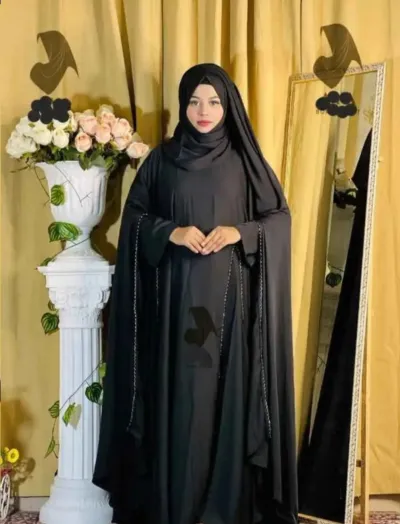 Lace Work Abaya with Inner, Koti and Hijab, Free Body Size