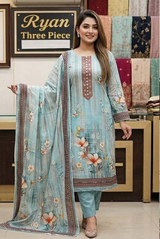 Unstitched Pure Cotton Digital Print Three Piece with Aari Work