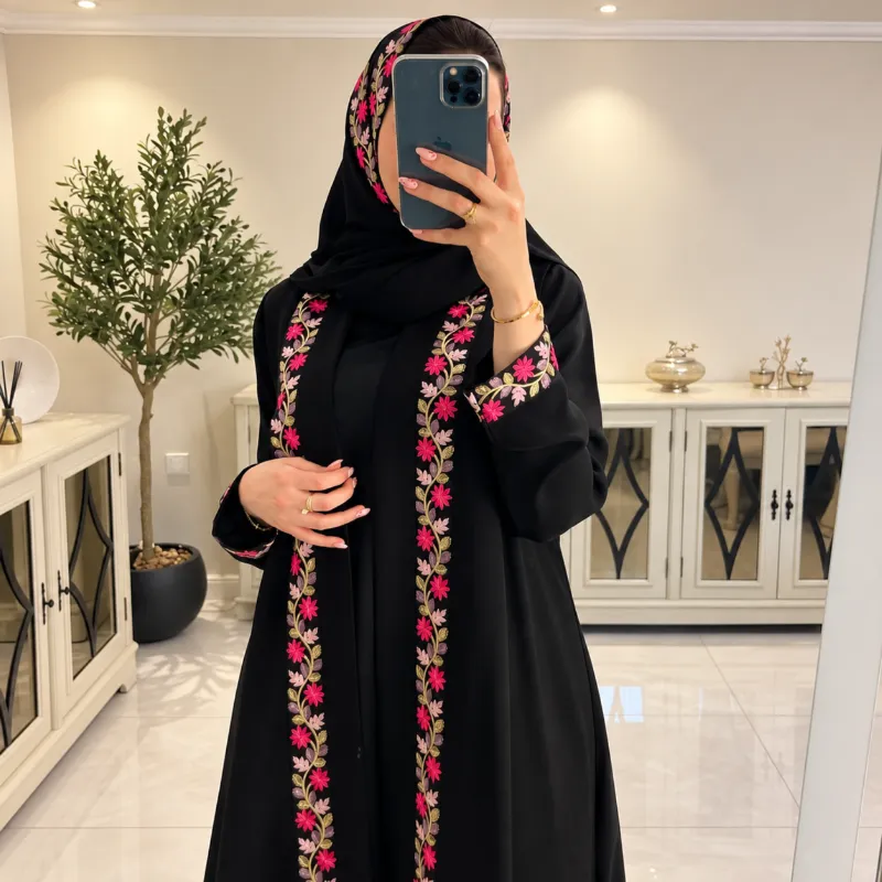 Rose Koti Abaya (02) - 3-Piece Embroidered Set with Inner & Hijab