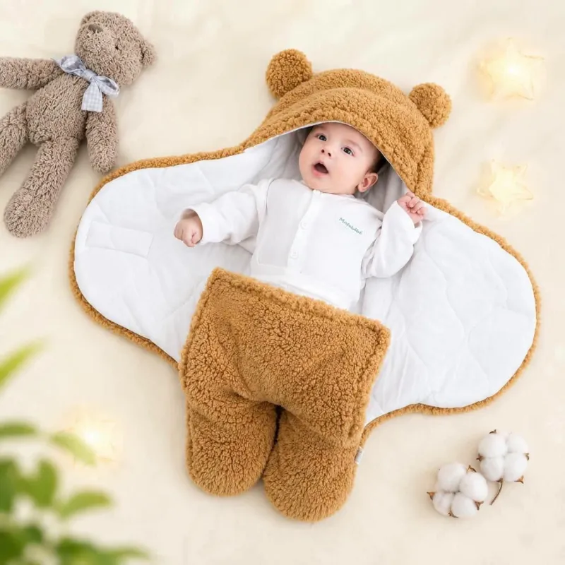 Baby Wrap Blanket with Bear Hood, Soft Fluffy Fabric, 4 Colours