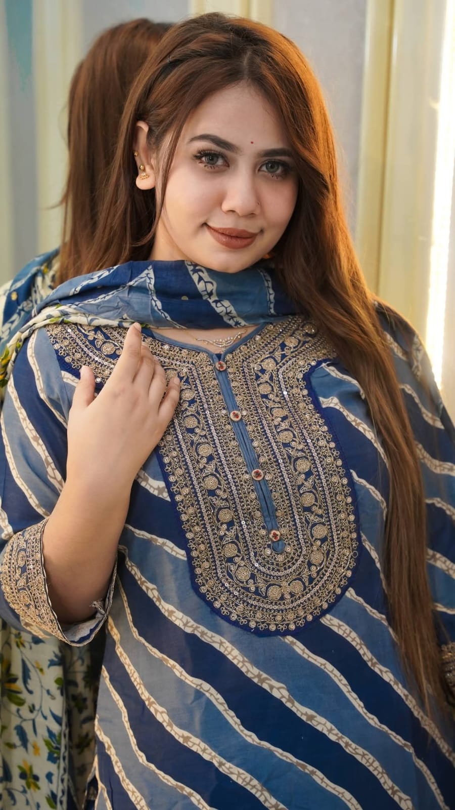 Women's Printed Cotton Three Piece, 5 Haath Orna, L to XXL