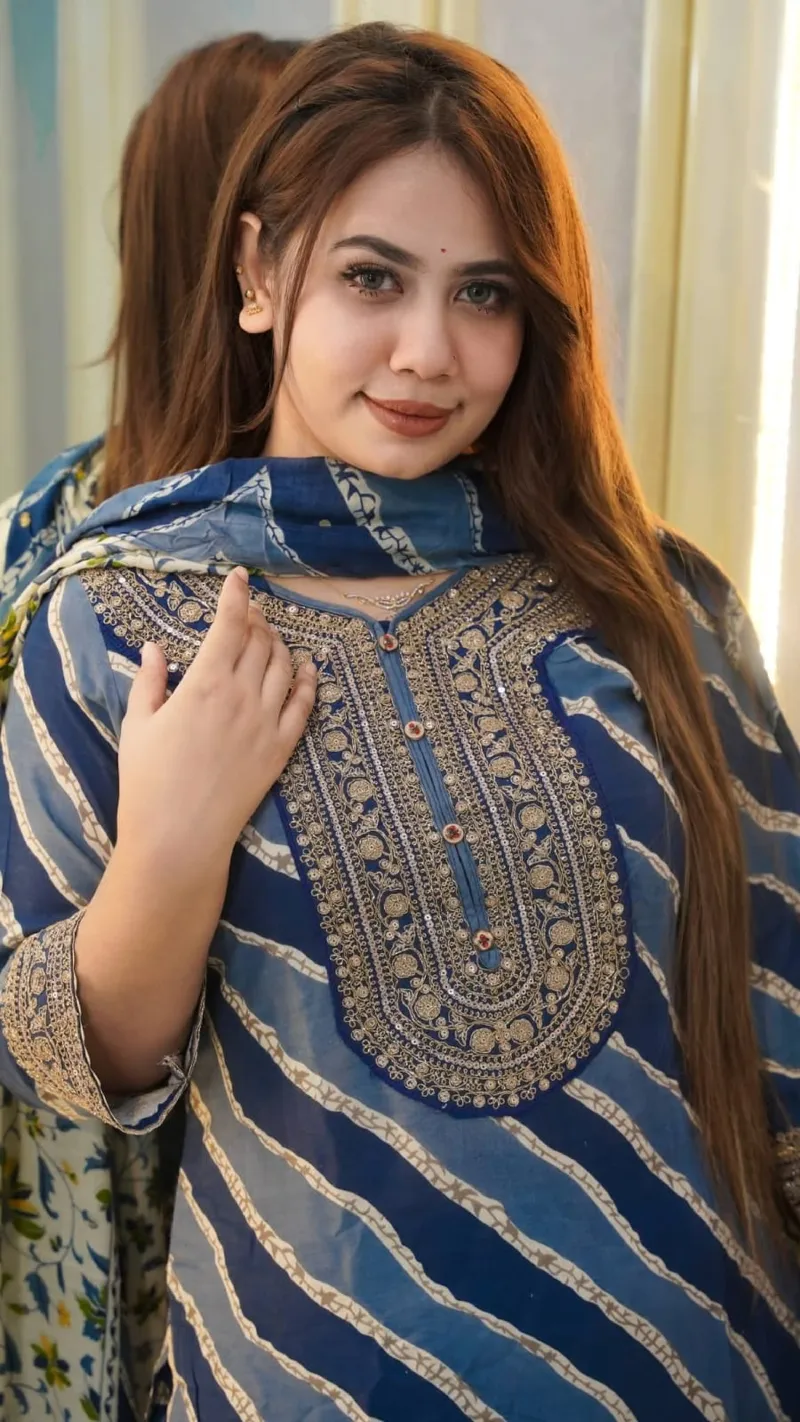 Women's Cotton Three Piece with Sequin Neck Work and Print