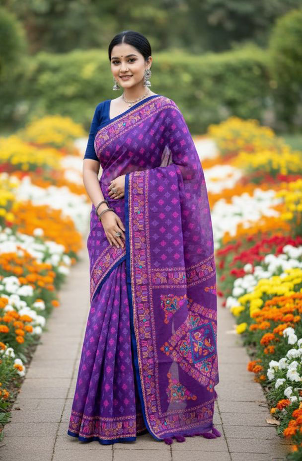 Screen Print Silk Saree with Tassels and Running Blouse Piece
