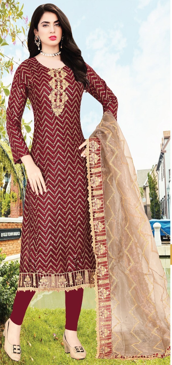 Women's Embroidered AC Cotton Three Piece with Organza Orna