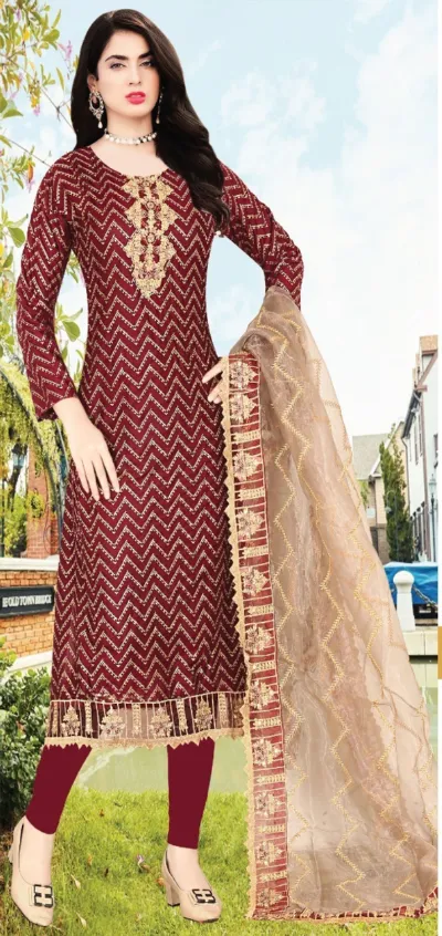 Women's Embroidered AC Cotton Three Piece with Organza Orna