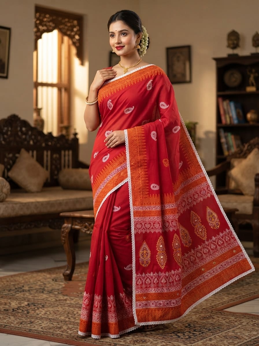 Khadi Cotton Block Print Saree with Lace Border and Blouse Piece